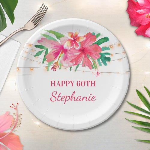 60th Birthday Tropical String Lights Hawaiian Paper Plates