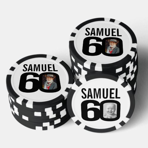 60th birthday two custom photos black and white poker chips