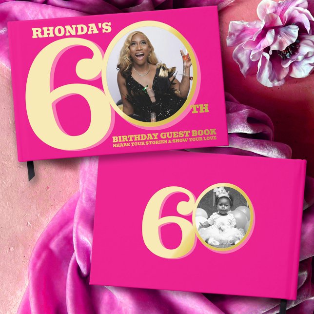 60th birthday two photos hot pink gold foil guest book  (Creator Uploaded)