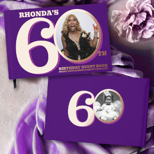 60th birthday two photos purple rose gold foil guest book 