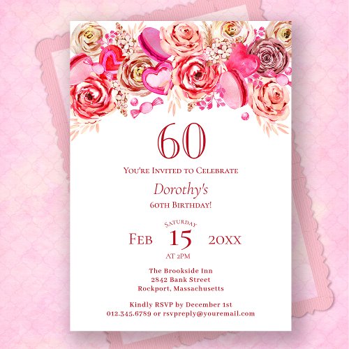 60th Birthday Valentine Pink Rose Swirly Heart Invitation