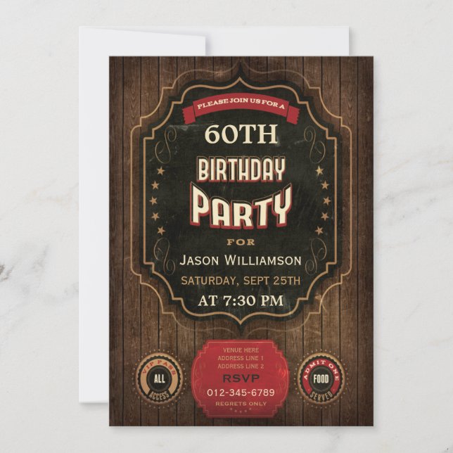 60th Birthday Vintage Chalkboard & Wood Invitation (Front)