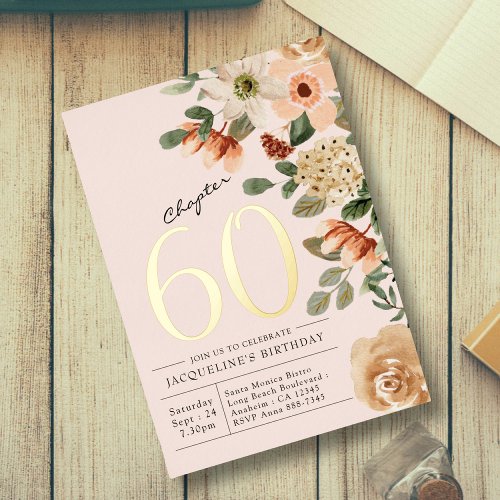 60th Birthday Vintage Floral Peach Chapter 60 Foil Invitation