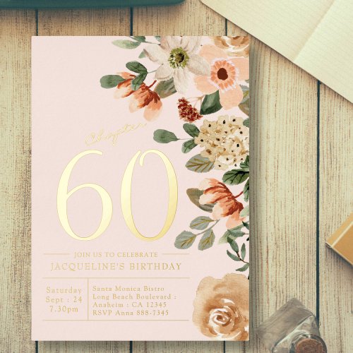 60th Birthday Vintage Floral Peach Foil Invitation