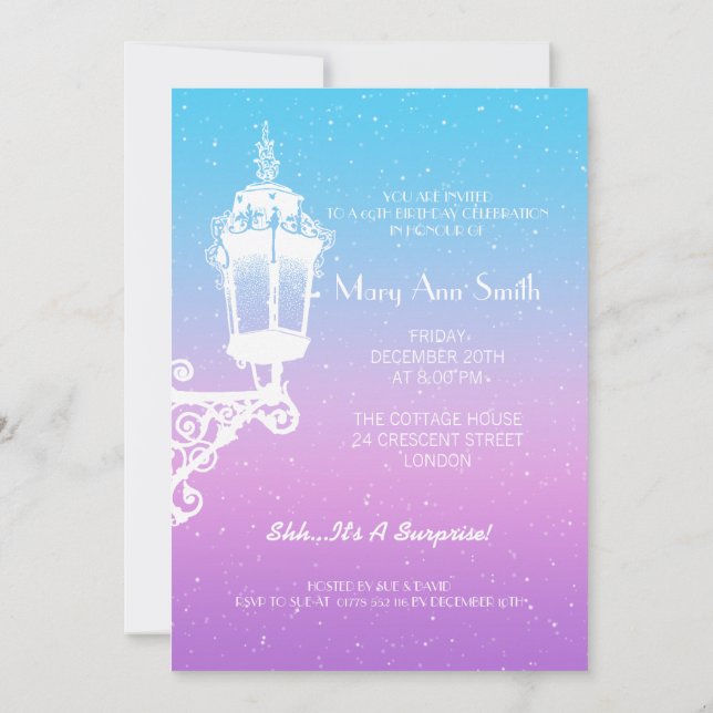 60th Birthday Vintage Lamp Blue & Purple Invitation (Back)