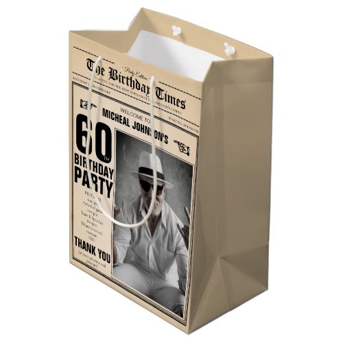 60th Birthday Vintage Newspaper Fun Custom Photo Medium Gift Bag