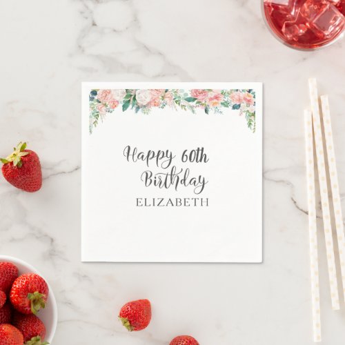 60th Birthday Watercolor Blush Pink Floral Script Napkins - Serve your guests with these floral napkins for a 60th (or any) birthday and personalized with a name. The napkin features chic script typography and a watercolor blush pink, white and green floral border. Contact the designer via Zazzle Chat or makeitaboutyoustore@gmail.com if you'd like this design modified, on another product or coordinating items.