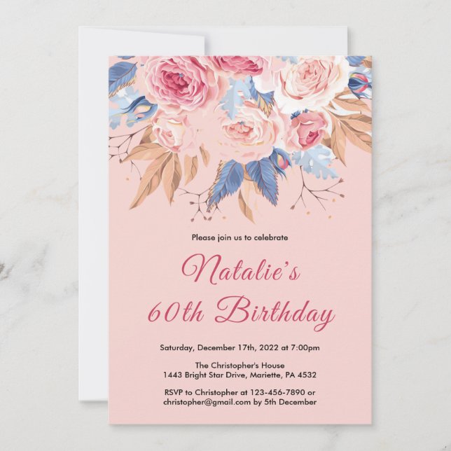 60th Birthday Watercolor Botanical Pink Floral Invitation (Front)