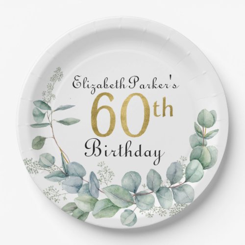 60th Birthday Watercolor Eucalyptus Gold  Paper Plates