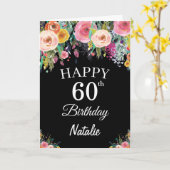 60th Birthday Watercolor Floral Flowers Black Card | Zazzle