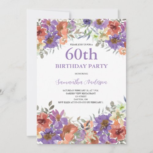 60th Birthday Watercolor Floral Invitation