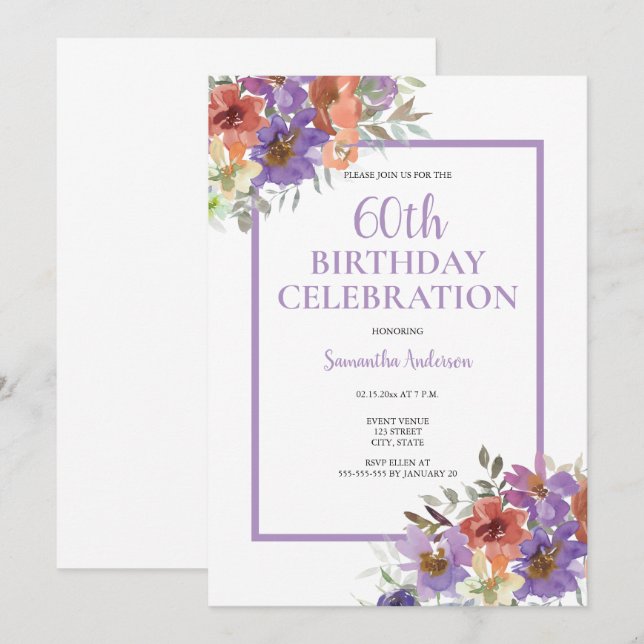 60th Birthday Watercolor Floral  Invitation (Front/Back)