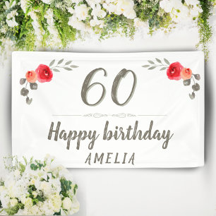 60th Birthday Watercolor Flower Twig Floral Party Banner