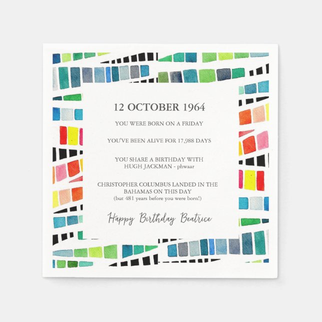 60th Birthday Watercolor Geometric Fun Facts  Napkins (Front)