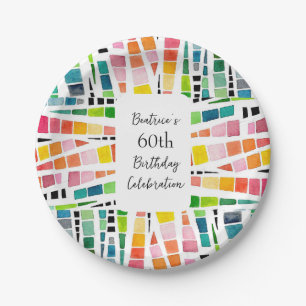 60th Birthday Watercolor Geometric Pattern Paper Plates