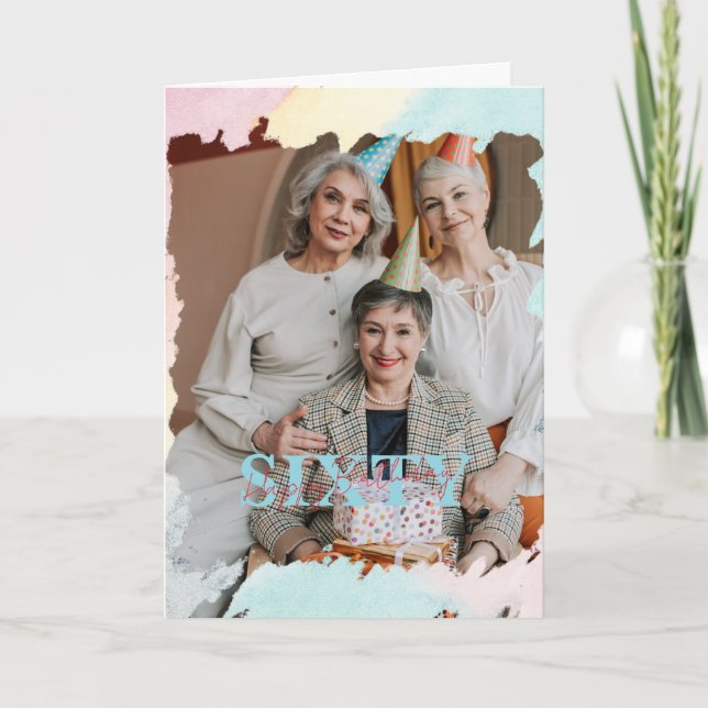 60th Birthday Watercolor Paint Stroke Photo Card (Front)