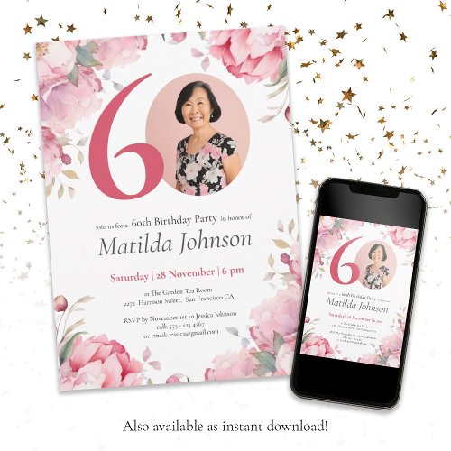60th Birthday Watercolor Pink Floral Custom Photo  Invitation