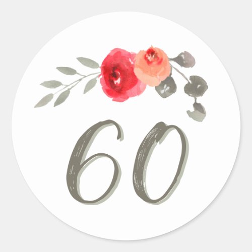 60th Birthday Watercolor Rose Floral Classic Round Sticker - 60th Birthday Watercolor Rose Flowers Floral Sticker. Watercolor flower and twigs with a age number 60 in a trendy script. Great floral mailing or gift stickers for a woman who celebrates the 60th birthday.