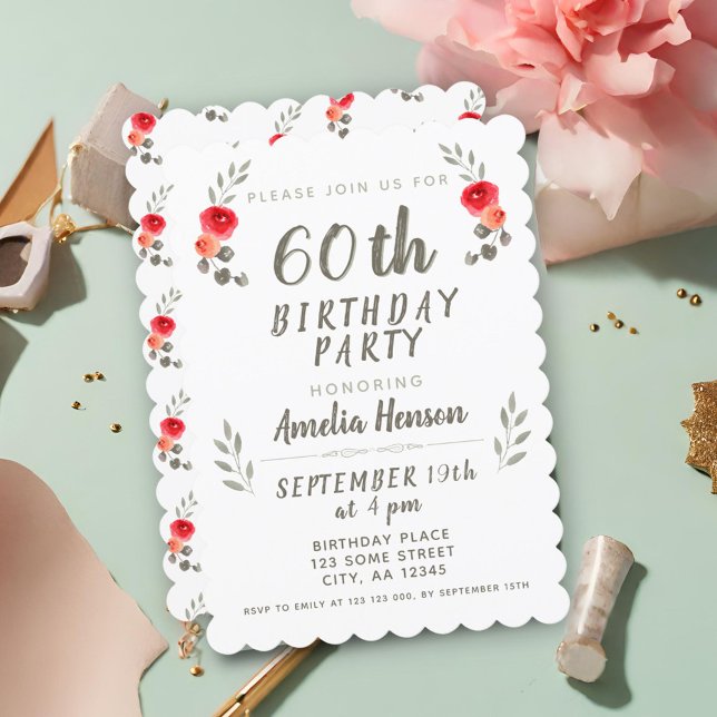 60th Birthday Watercolor Rose Twig Floral Invitation (Creator Uploaded)