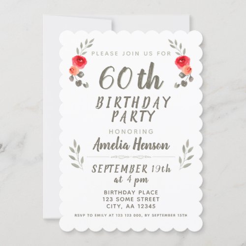 60th Birthday Watercolor Rose Twig Floral Invitation - 60th Birthday Watercolor Rose Twig Floral Invitation. Floral design with red roses and twigs. The text is in a trendy script. Floral birthday invitation for a woman celebrating the sixtieth birthday. Customize any text on the banner.