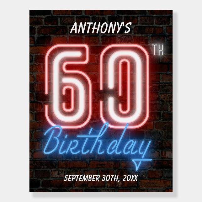 60th Birthday Welcome Sign Fun Retro Neon Lights (Front)