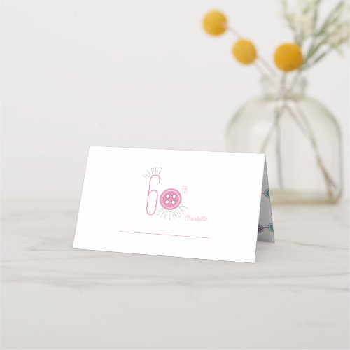 60th birthday white and pink sewing button place card