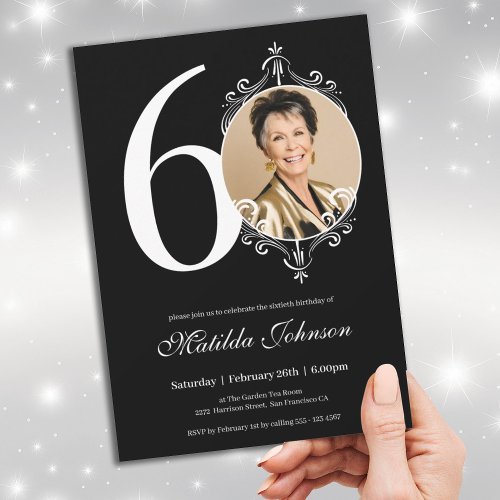 60th Birthday White Black Elegant Custom Photo Invitation