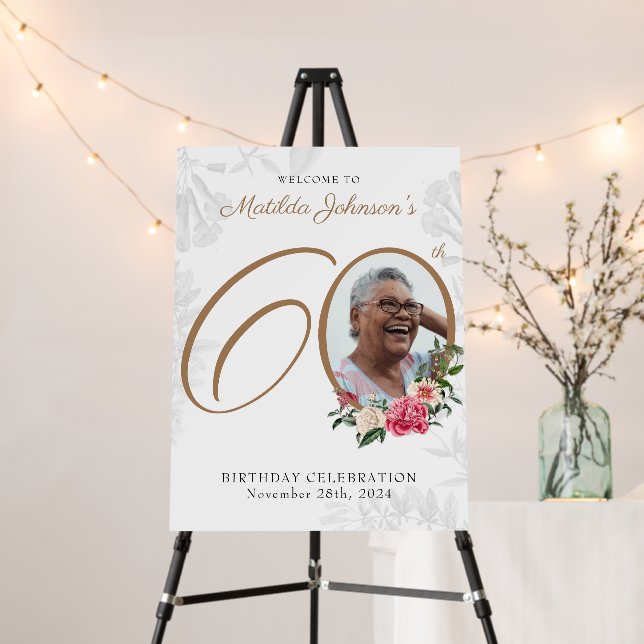 60th Birthday White Gold Chic Floral Custom Photo  Foam Board (In Situ (Stand))