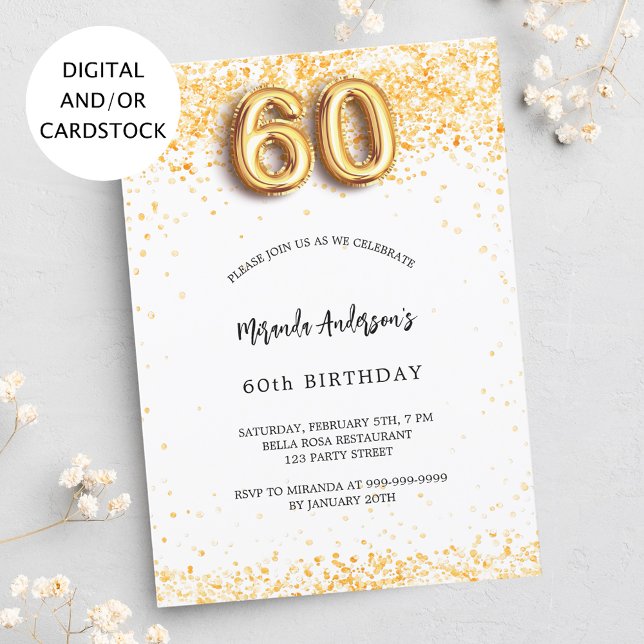 60th birthday white gold confetti elegant invitation (Creator Uploaded)