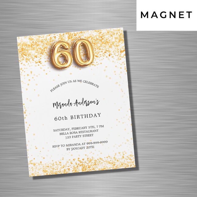 60th birthday white gold confetti luxury magnetic invitation (Creator Uploaded)