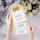 60th birthday white gold party RSVP All In One Invitation<br><div class="desc">A white background,  decorated with faux gold confetti on the inside. Personalize and add a name,  party details,  RSVP date,  return address and name.  Number 60 is written with a balloon style number.</div>
