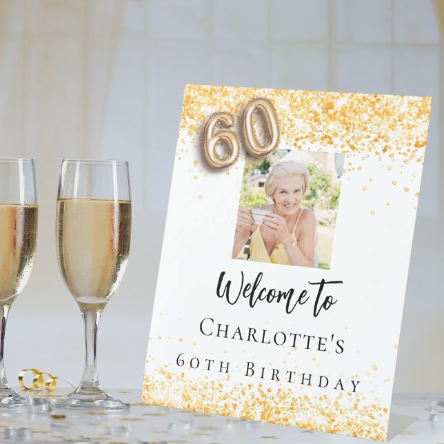 60th birthday white gold photo confetti welcome pedestal sign (Creator Uploaded)