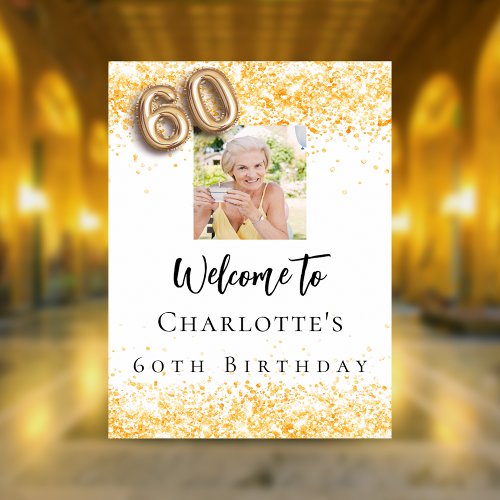 60th birthday white gold photo confetti welcome poster