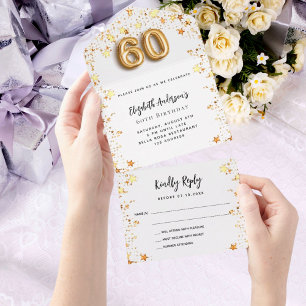 60th birthday white gold stars party RSVP All In One Invitation