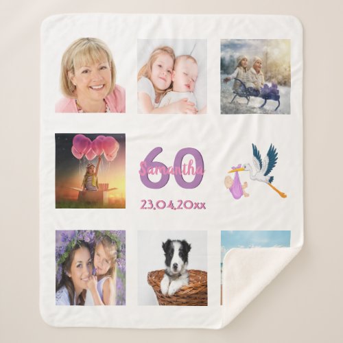 60th birthday white photo collage name sherpa blanket