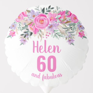 60th birthday white pink floral script name balloon