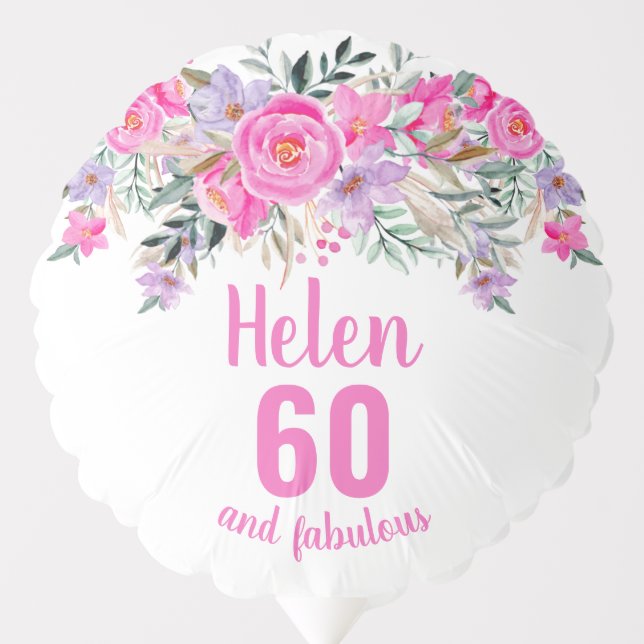 60th birthday white pink floral script name balloon (Front)