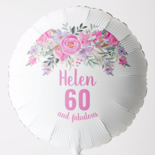 60th birthday white pink floral script name balloon