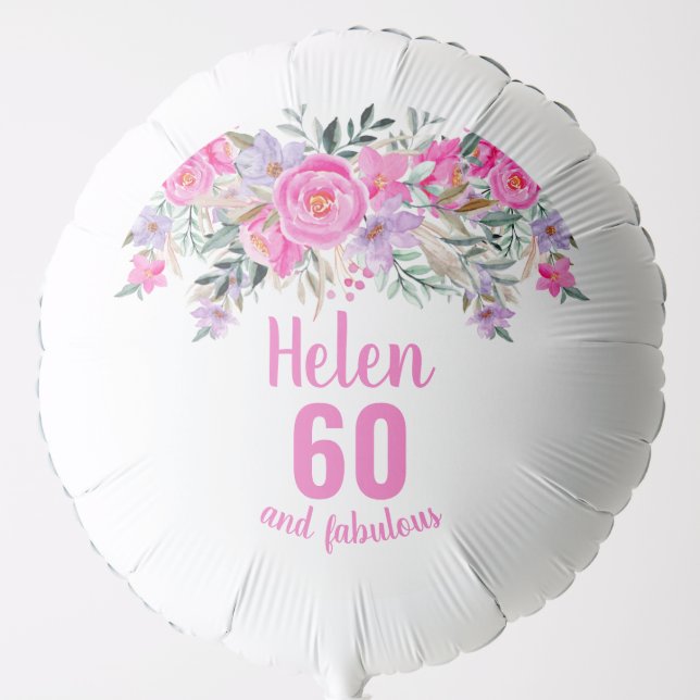 60th birthday white pink floral script name balloon (Front)