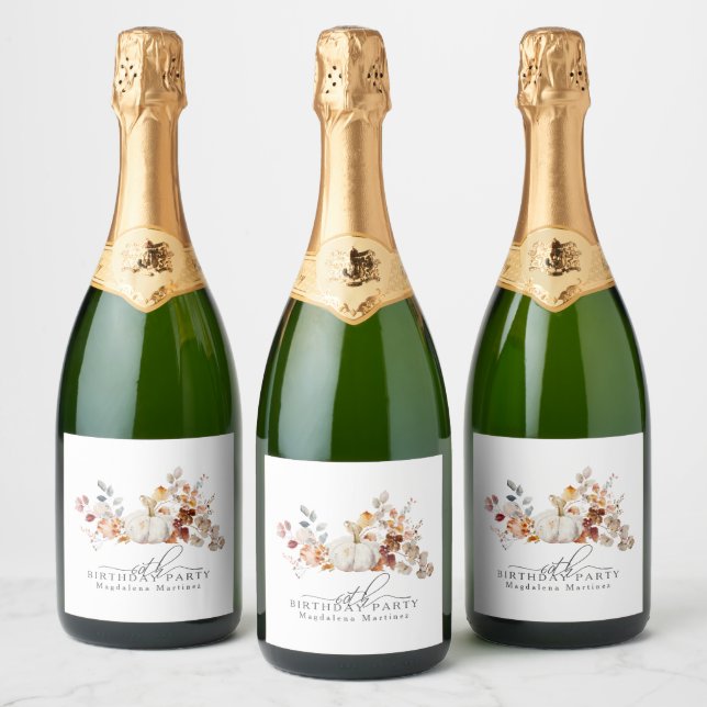 60th Birthday White Pumpkin Fall Flowers Custom Sparkling Wine Label (Bottles)