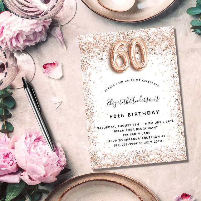 60th birthday white rose gold confetti luxury invitation (Creator Uploaded)
