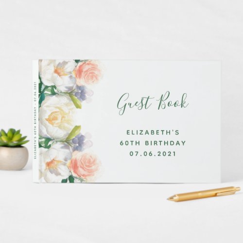 60th birthday white rose gold florals elegant guest book