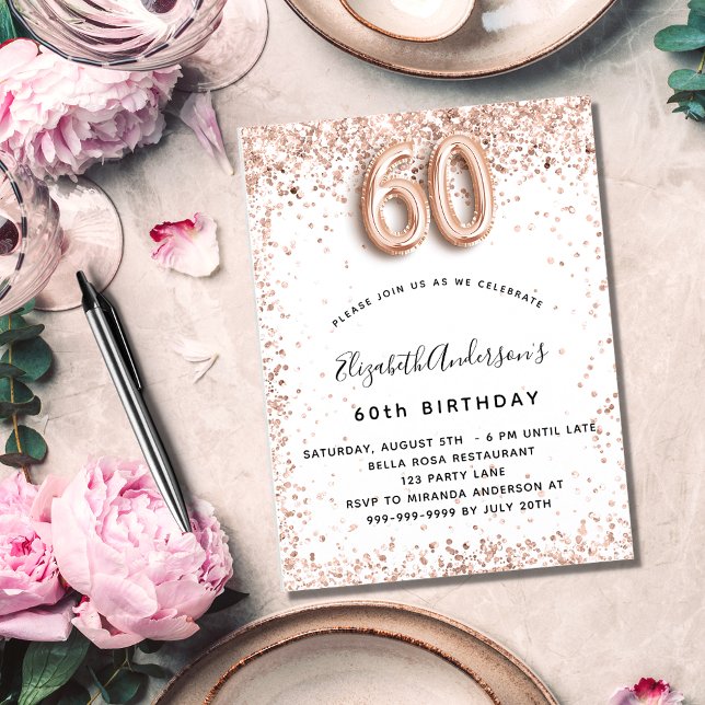 60th birthday white rose gold invitation postcard (Creator Uploaded)