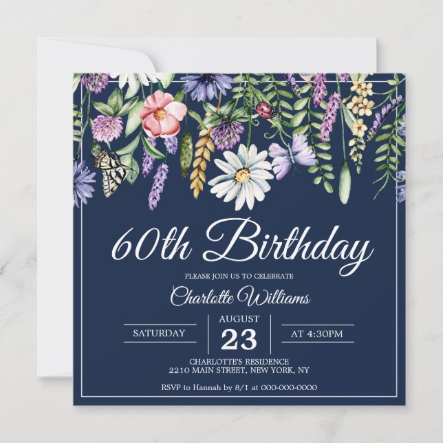 60th Birthday Wildflowers Elegant Navy Blue Floral Invitation (Front)