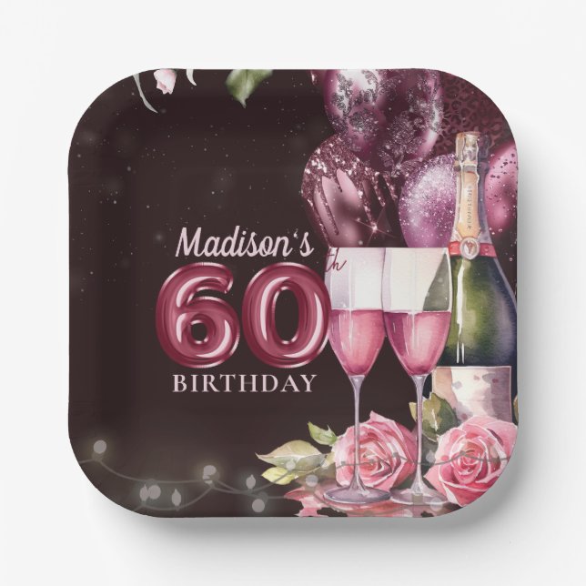 60th Birthday Wine & Balloons Personalized Paper Plates (Front)