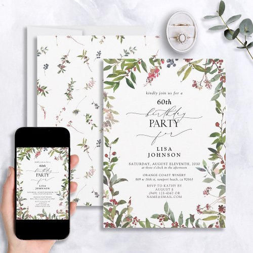 60th Birthday Winter Wildflower Berry Watercolor Invitation