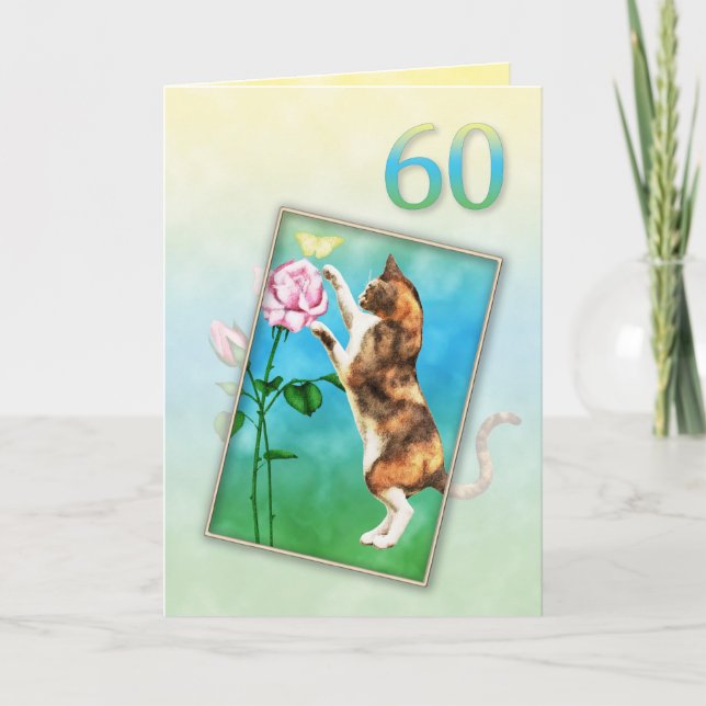 60th Birthday with a playful cat Card (Front)
