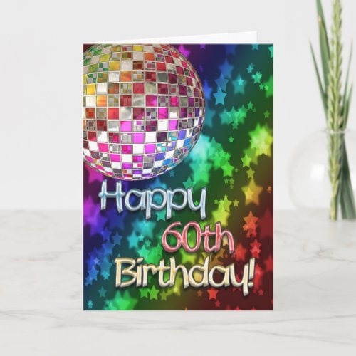 60th birthday with disco ball and rainbow of stars card