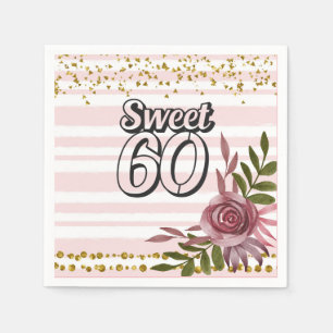60th Birthday with flower frame pink sweet 60  Napkins