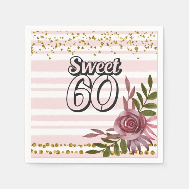 60th Birthday with flower frame pink sweet 60  Napkins (Front)